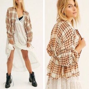 Free People Pacific Dawn Plaid Shirt Large Peach Tree Top Blouse